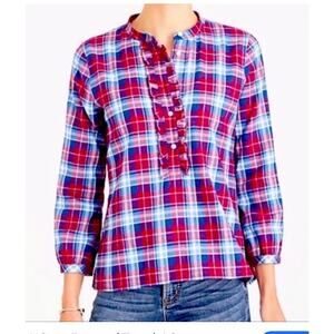 GUC J.Crew Mercantile Plaid Ruffle Popover Top Women’s Red Blue Cotton Blouse SM